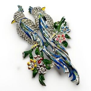 Vintage Coro Duette Birds Of Paradise Brooch Fur Clips Rhinestone Enamel
